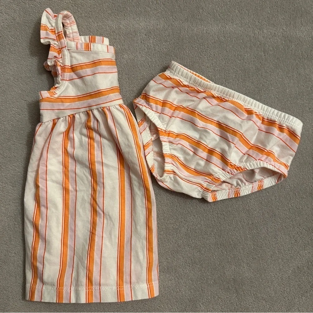 EUC Carter’s 2pc Baby Girl Sun Dress Set, Pink/Orange & White Stripe, 6-9 Months